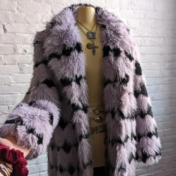 70s Style Retro Penny Lane Fringe Fur Trench Pastel Grunge Shaggy Furry Coat - Picture 2 of 6